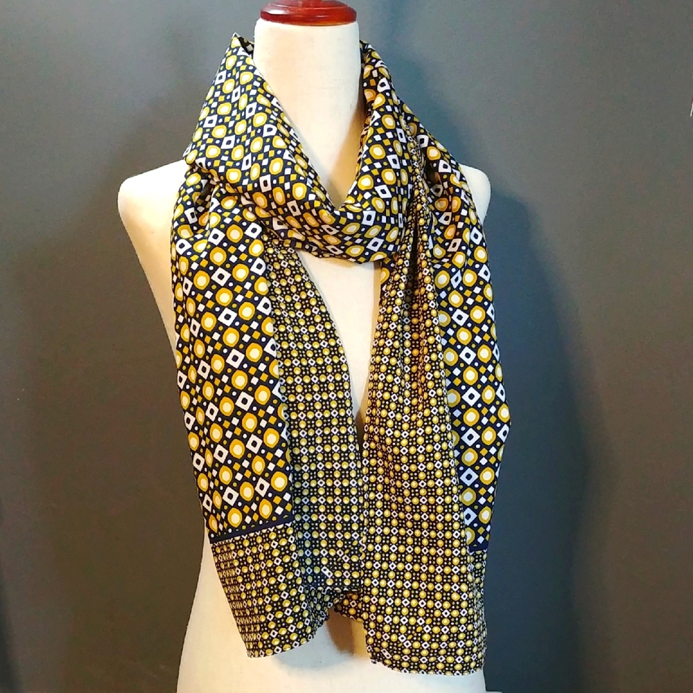 Geometric Patterned Large Polyester Scarf Mustard Yellow White And Navy Blue